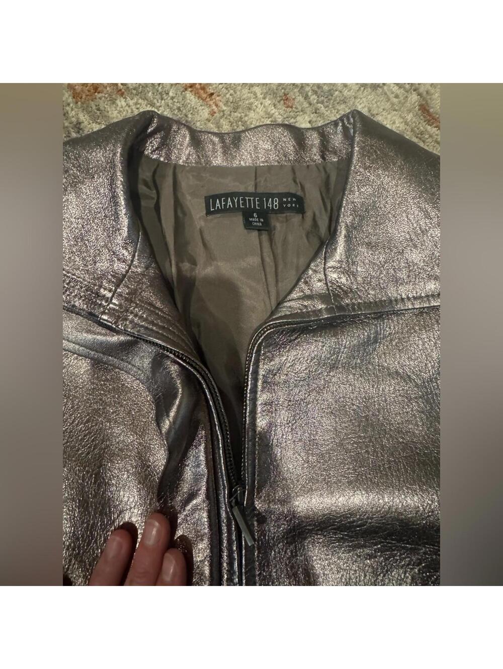 Lafayette 148 Metallic Silver Full Zip Lambskin Leather Jacket Size 6 - Picture 5 of 8